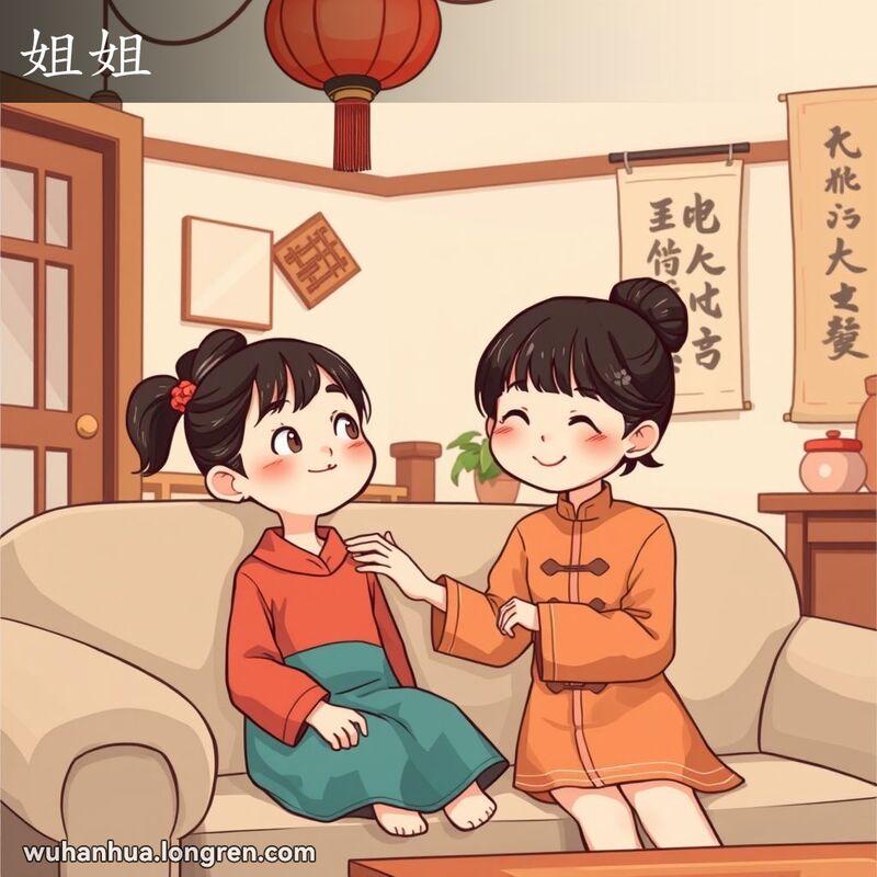 一个温馨的武汉家庭客厅场景，年幼的女孩坐在沙发上，抬头看着年长的姐姐，姐姐微笑着，手搭在妹妹的肩膀上，背景有红灯笼和书法挂轴。