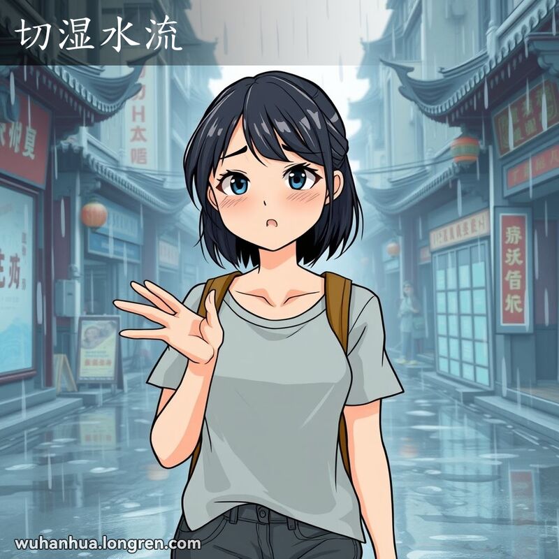 一位武汉女子在雨后的街道上行走，衣服和头发被打湿，脸上带着不悦的表情，背景是湿漉漉的武汉街景。