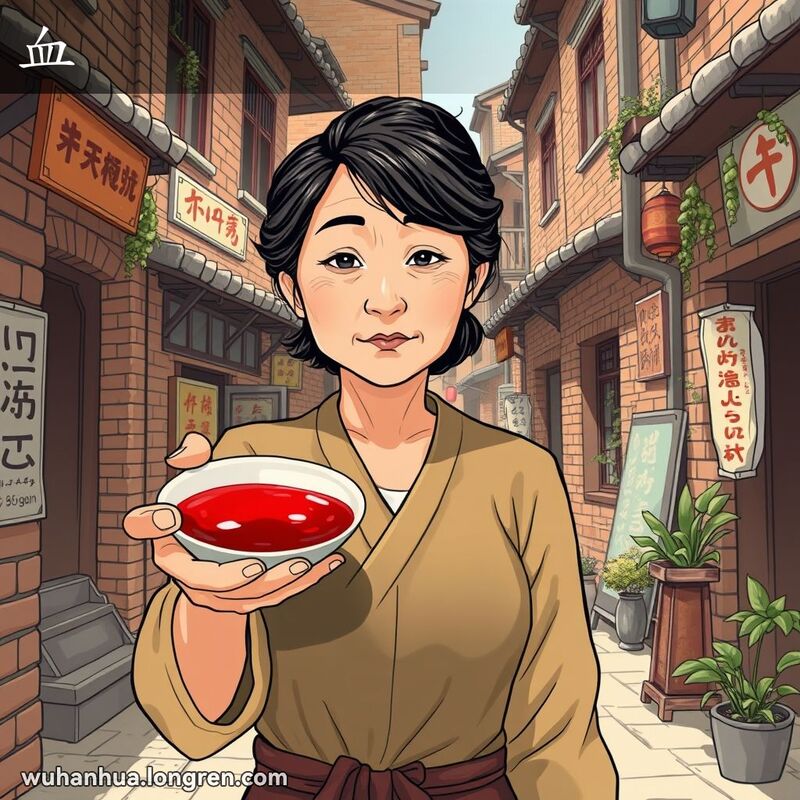 一位中年妇女在武汉老街上手持一碗鲜红血液，背景是传统中药店和草药