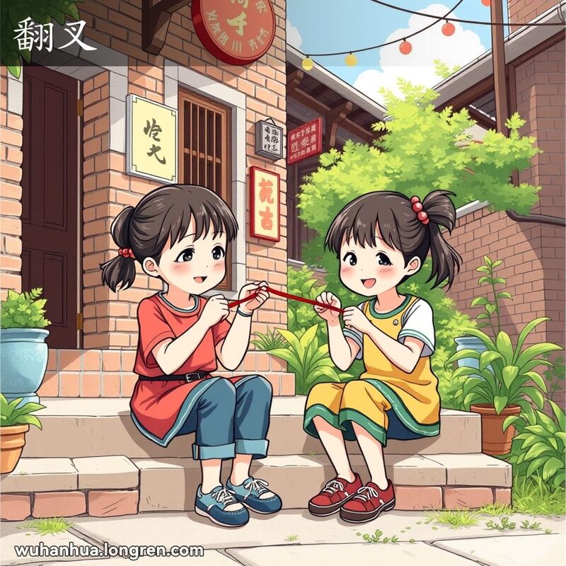 两个小女孩在武汉老街景中玩翻绳游戏，一个女孩用绳子套出图案，另一个女孩接过绳子变成新图案。