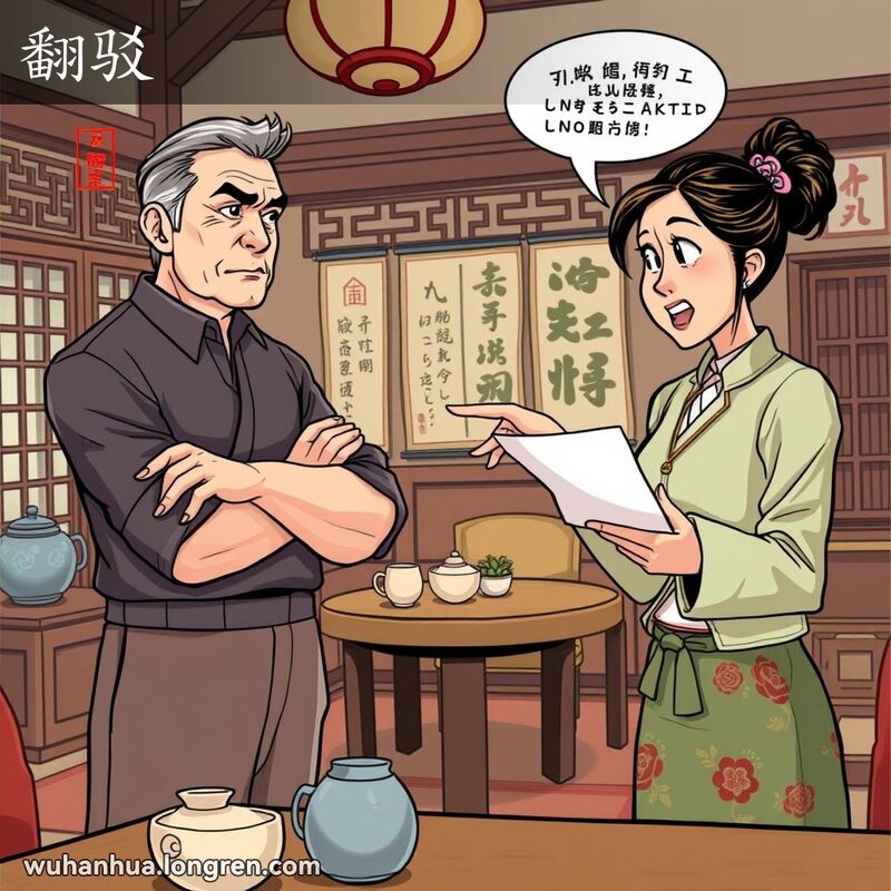 两人在武汉茶馆辩论，年轻女子手持纸张坚定反驳中年男子的观点，背景有传统茶馆元素。