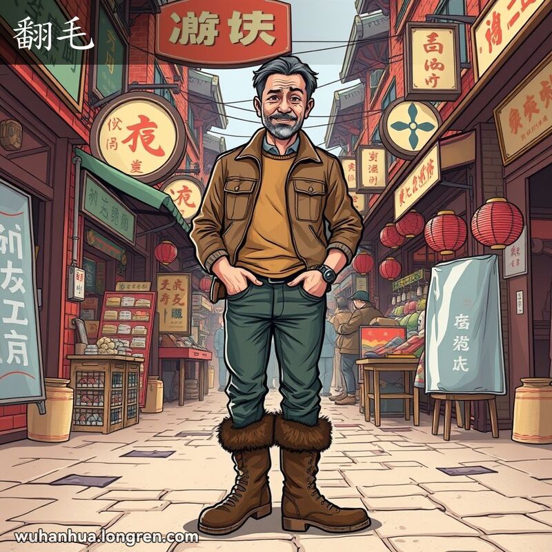 一位武汉男子站在市场中，穿着皮革反面朝外的皮靴，背景是武汉老街景