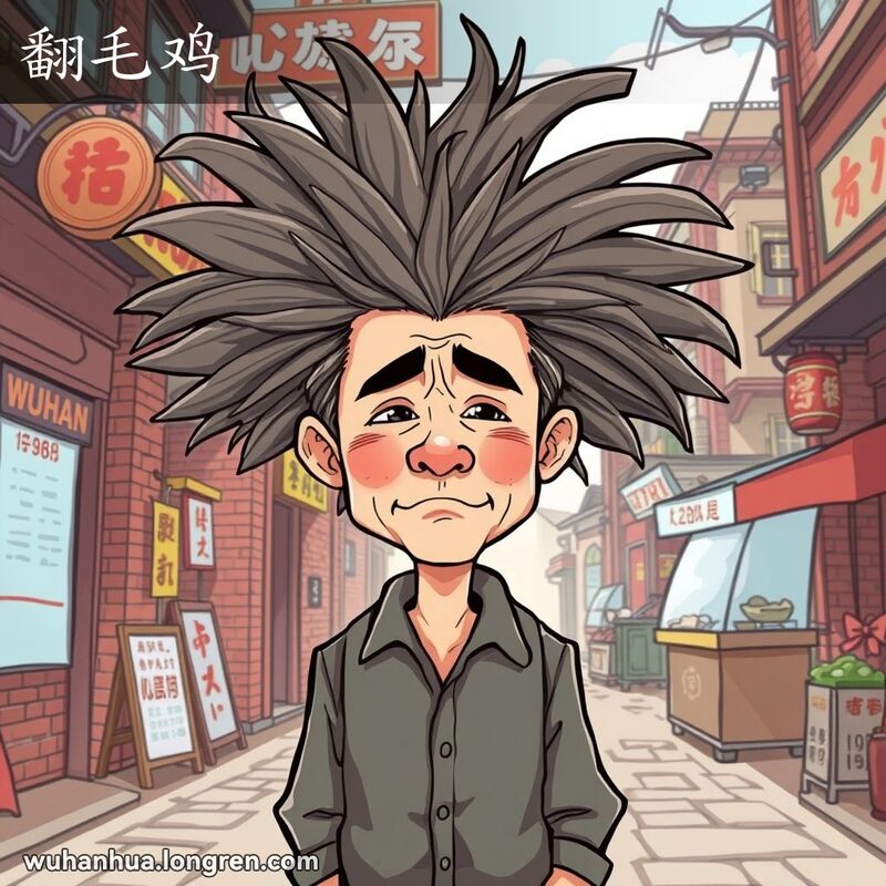 一位头发蓬乱的男子站在武汉老街背景中，形象生动地表现了“翻毛鸡”的含义。