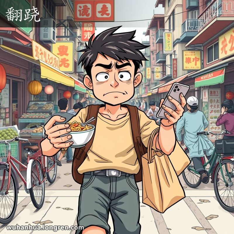 一位年轻人在武汉街市中手忙脚乱，表情挫败，背景有小贩和老建筑