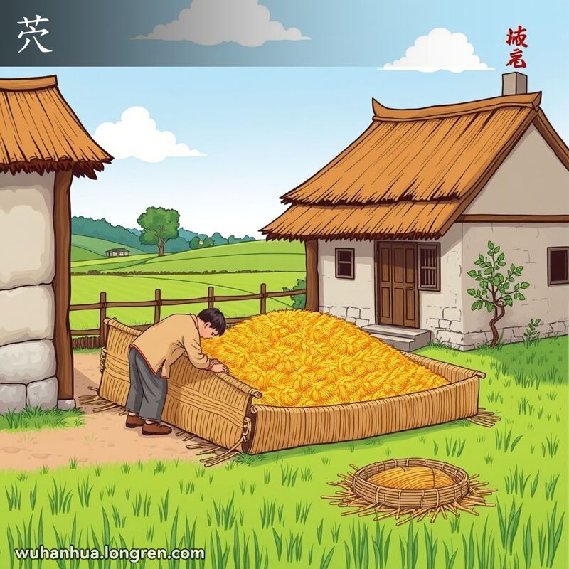 一位武汉农民在农家小院中用草席围起粮食，背景是田野和蓝天