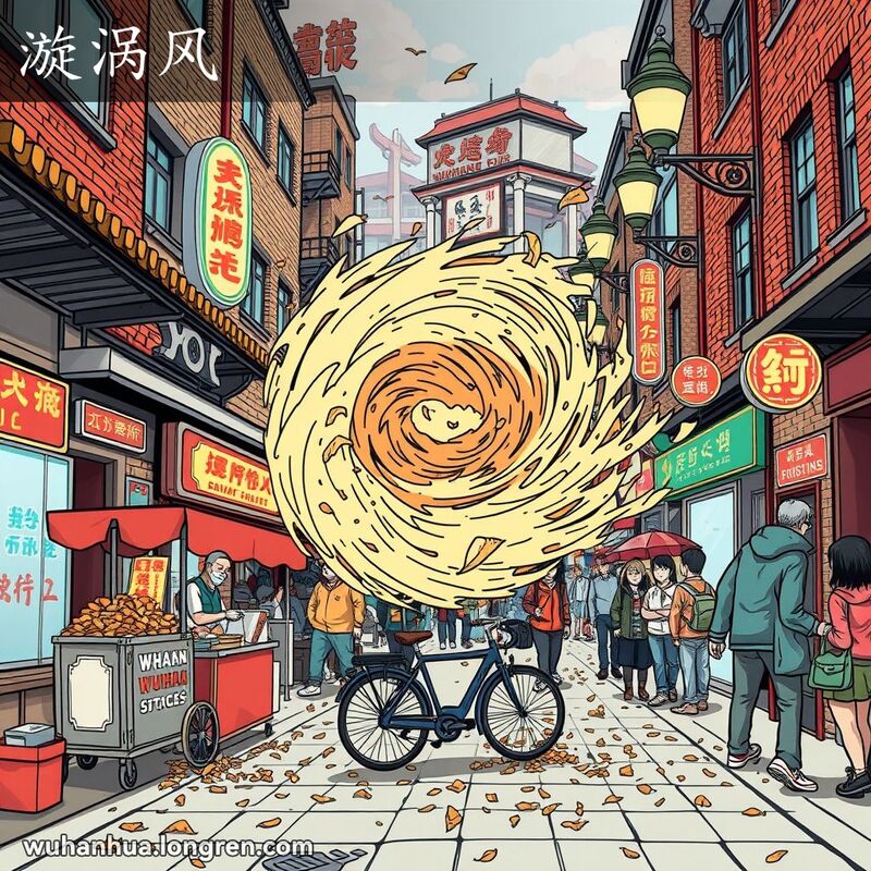 武汉街道上一股强劲的旋风卷起碎屑和树叶，周围是小吃摊、自行车和行人。