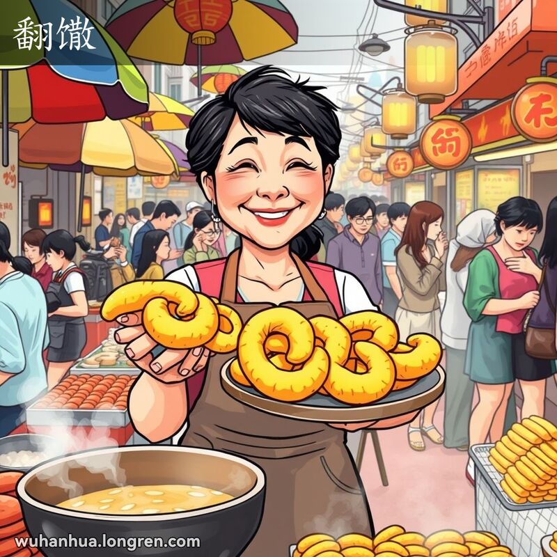 武汉街头小吃摊，摊主正在卖翻馓，背景是热闹的市场和其他小吃摊。
