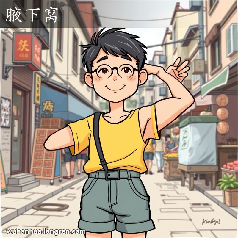一位武汉市民抬起手臂，露出腋下窝，背景是武汉老街景