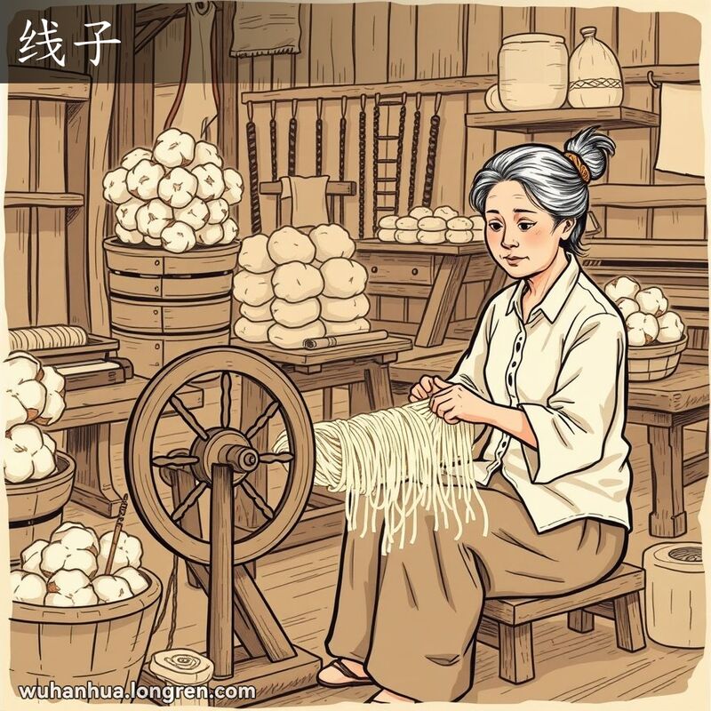 一位中年妇女在传统纺织作坊中纺线，背景有纺车和棉花包