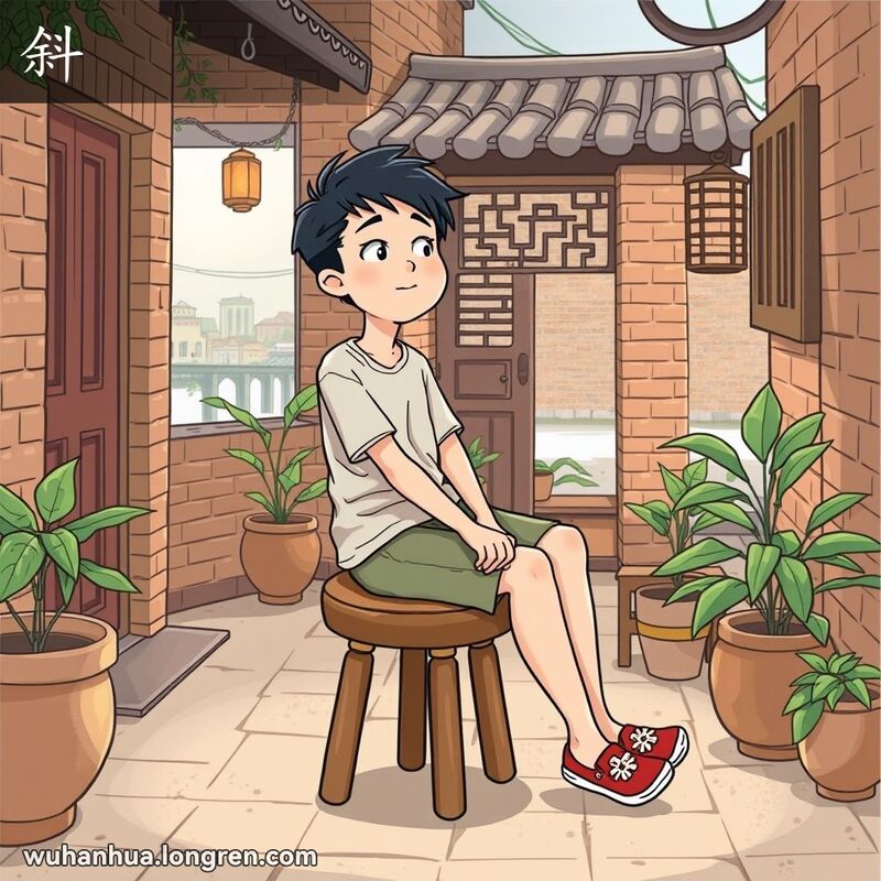一位武汉年轻人坐在木凳上，身体倾斜，背景是武汉院落和长江景色