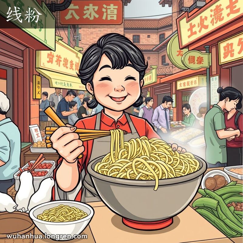 武汉街市摊位上的绿豆淀粉线粉，摊主准备服务，背景是热闹的市场和老建筑