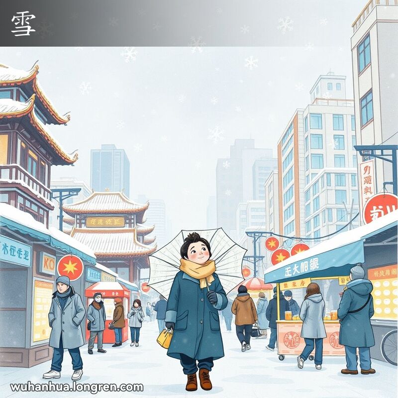 武汉冬季街景，天空飘落六角形雪花，行人撑伞仰望，街边摊贩售卖热小吃，整体温馨节庆。