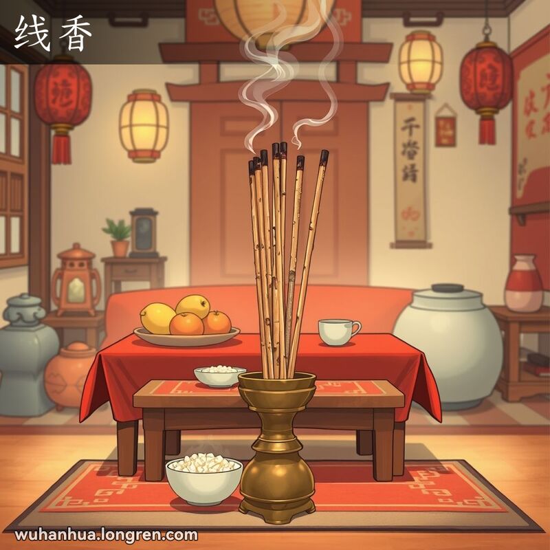 传统中国祭坛上，线香插在香炉中，烟雾袅袅升起，背景有水果、米饭和茶作为供品