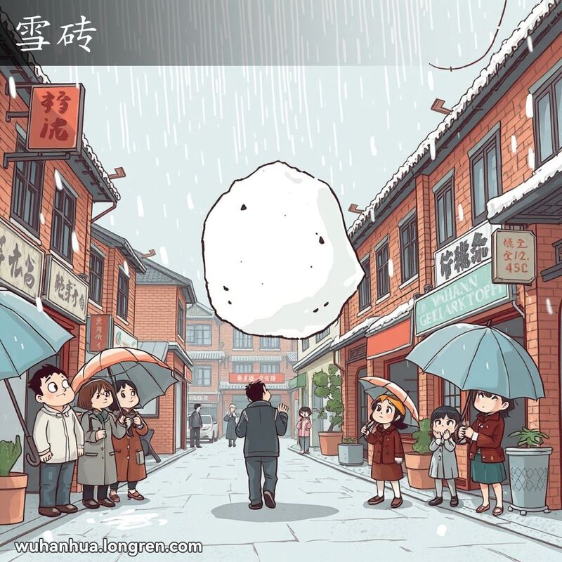 武汉旧街道在冰雹天气下的场景，大冰雹“雪砖”从天而降，市民惊讶地望着天空