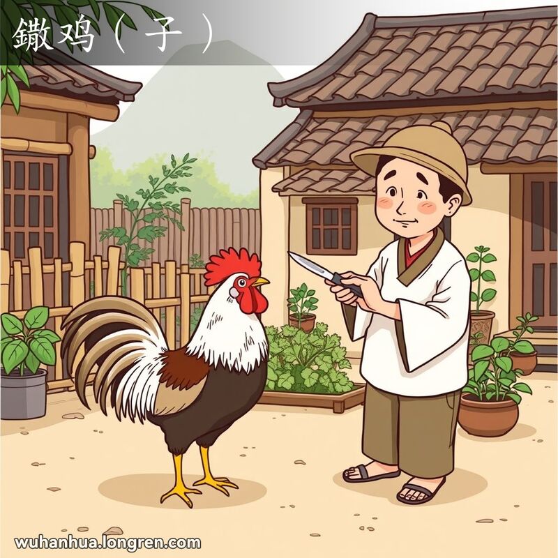 农民在农家院落中对公鸡进行去势手术，背景有竹篱笆和传统瓦房