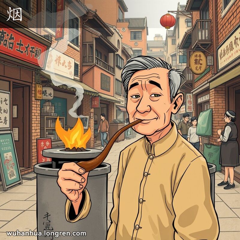 一位中年男子在武汉老街上抽旱烟，背景中垃圾桶里的小火冒烟