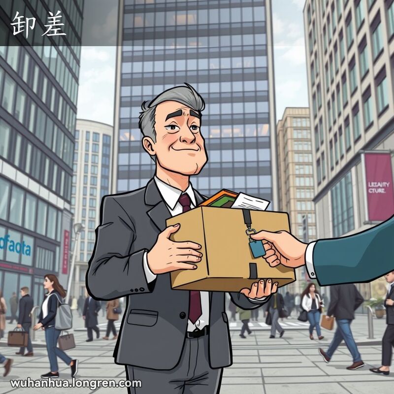 一位中年男子站在办公楼前，手持个人物品盒子，脸上带着如释重负但略显伤感的表情，象征着他正在辞去职务，背景是繁忙的城市街道。