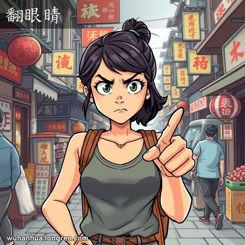 一位年轻的武汉女子在市场中瞪眼表达不满，背景是武汉街景