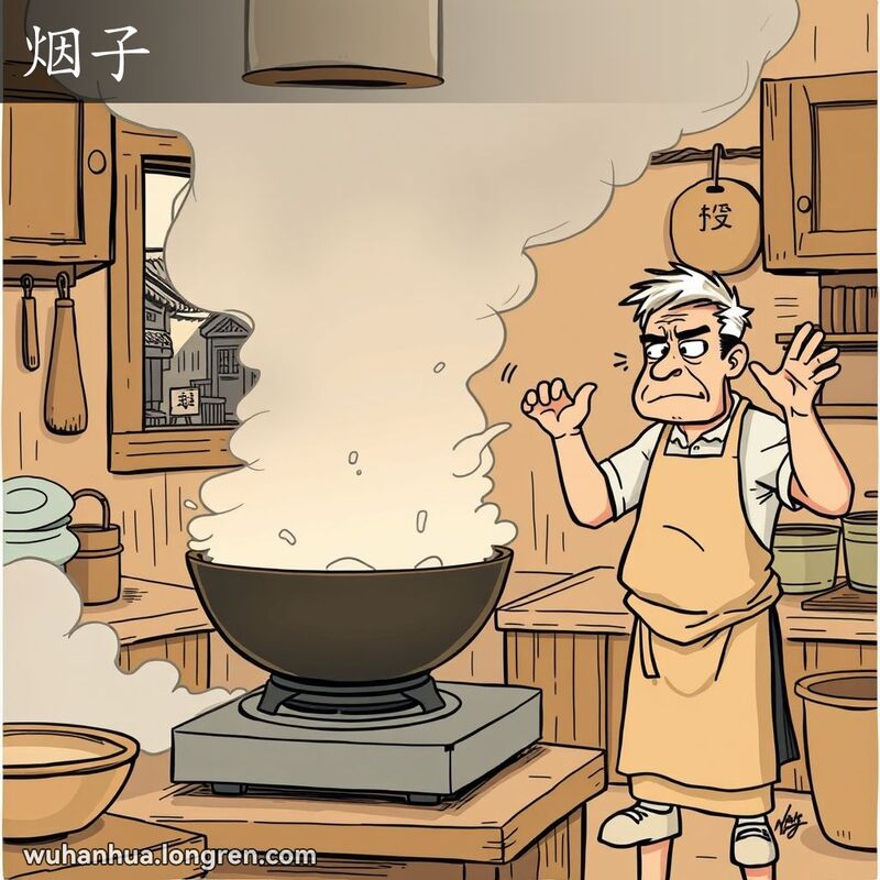 武汉厨房场景，炒锅下冒烟，厨师焦急地驱散烟雾，背景有木质橱柜和老巷子。