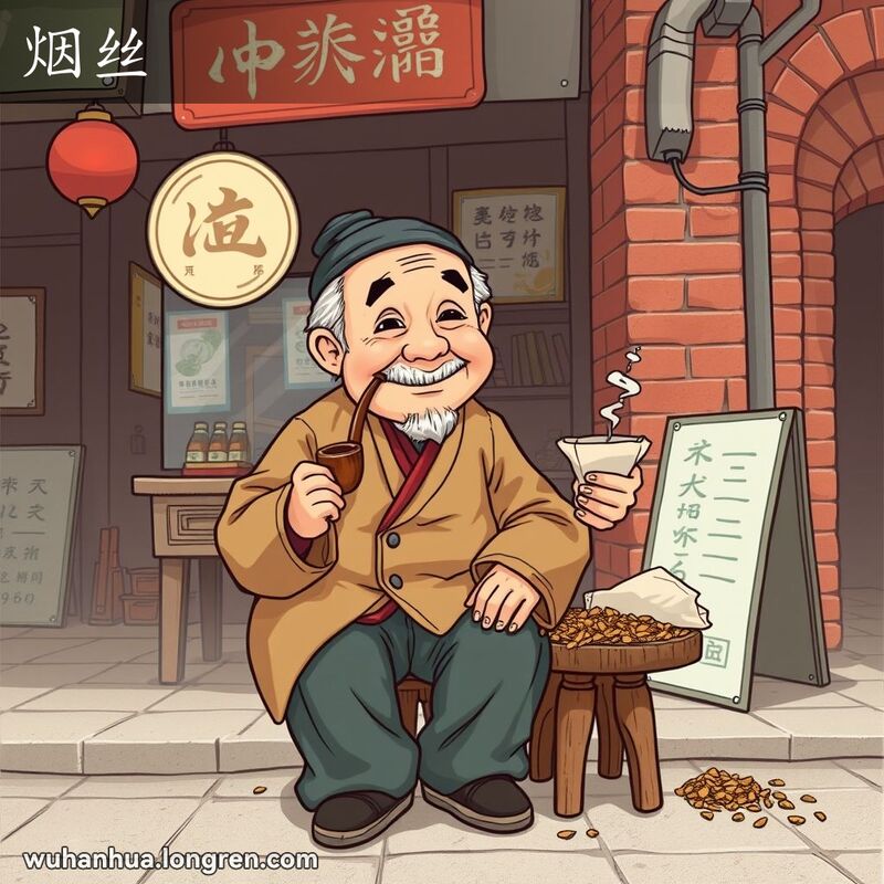 一位武汉老人坐在小店前的木凳上，手持烟斗和一小袋细切的烟叶，背景是武汉老街景