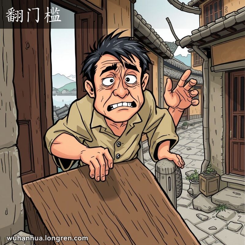 一位男子穿着传统中式服装，费力翻越老房子的高门槛，背景是武汉老街景