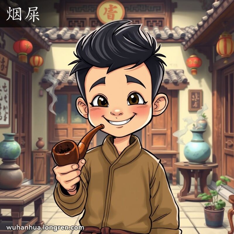 一个顽皮的小男孩在武汉庭院中手持老旧烟斗，烟斗口有烟油垢，背景是老式家具和装饰