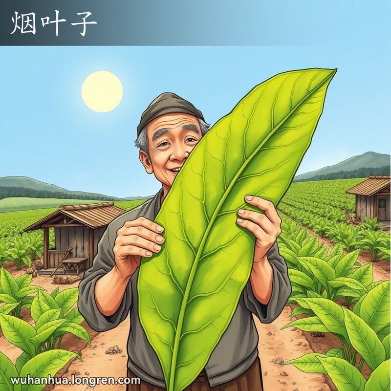 一位武汉农民在烟草田里手持新鲜烟叶，背景是绵延的烟草田和传统农具