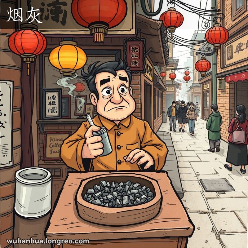 一位武汉店主站在烟草店前，手持烟灰盒，背景是武汉老街景