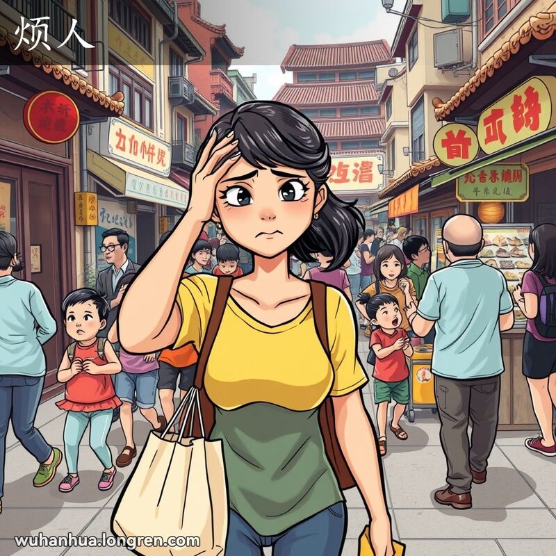 一位年轻女子在武汉街头行走，表情烦躁，背景中孩子们吵闹，小贩推销商品，画面嘈杂混乱