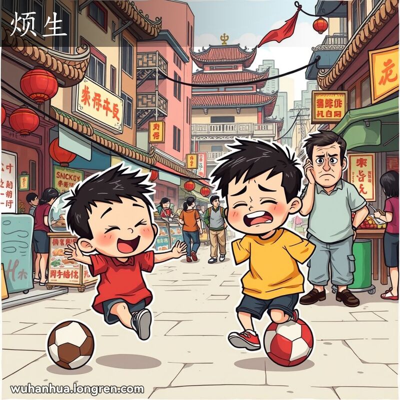 武汉街景中，一个顽皮的孩子在踢球玩耍，背景中成年人处理复杂情况，显得挫败。