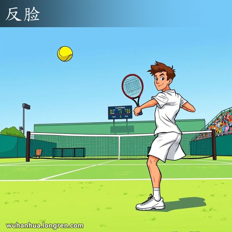 网球运动员在网球场上准备进行反手击球的瞬间，背景是蓝天绿草的网球场