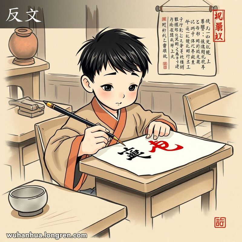 一位年轻学生在传统教室中练习书法，专注于写作汉字偏旁部首“攵”，背景有书法工具和卷轴