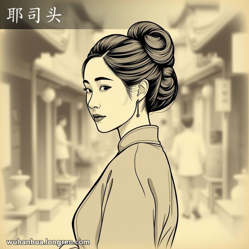 一位旧时武汉妇女，头发梳成S形发型，背景是武汉老街景