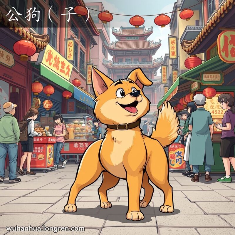 一条活泼的公狗站在武汉街头，背景是繁忙的市场和传统建筑