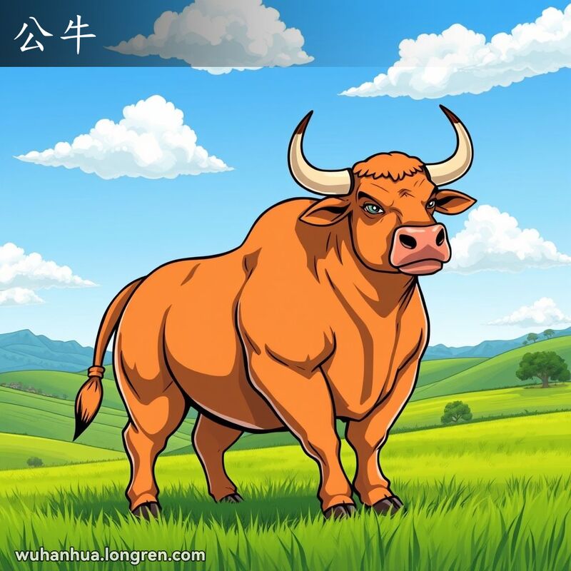 一头强壮的公牛站在绿油油的草地上，背景是蓝天白云和连绵的山丘，公牛昂首挺胸，展现出其力量和自信。