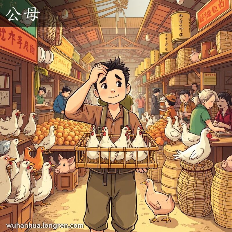 一位武汉农民在市场摊前，面对一笼子鸡露出困惑表情，试图分辨公母
