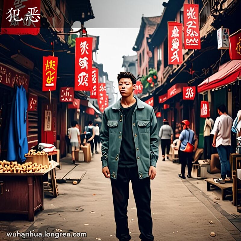 一位年轻人站在武汉街道上，看着另一个人，脸上带有厌烦和鄙视的表情，背景是武汉老街景