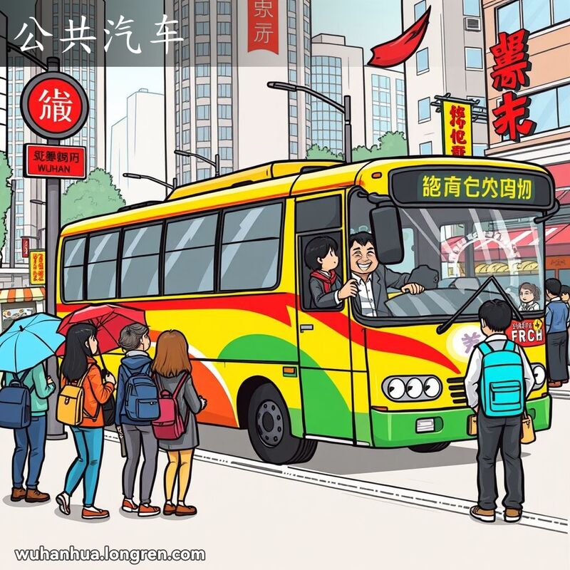 武汉街道上的公共汽车停靠在车站，乘客排队等待上车，背景有高楼和小摊贩