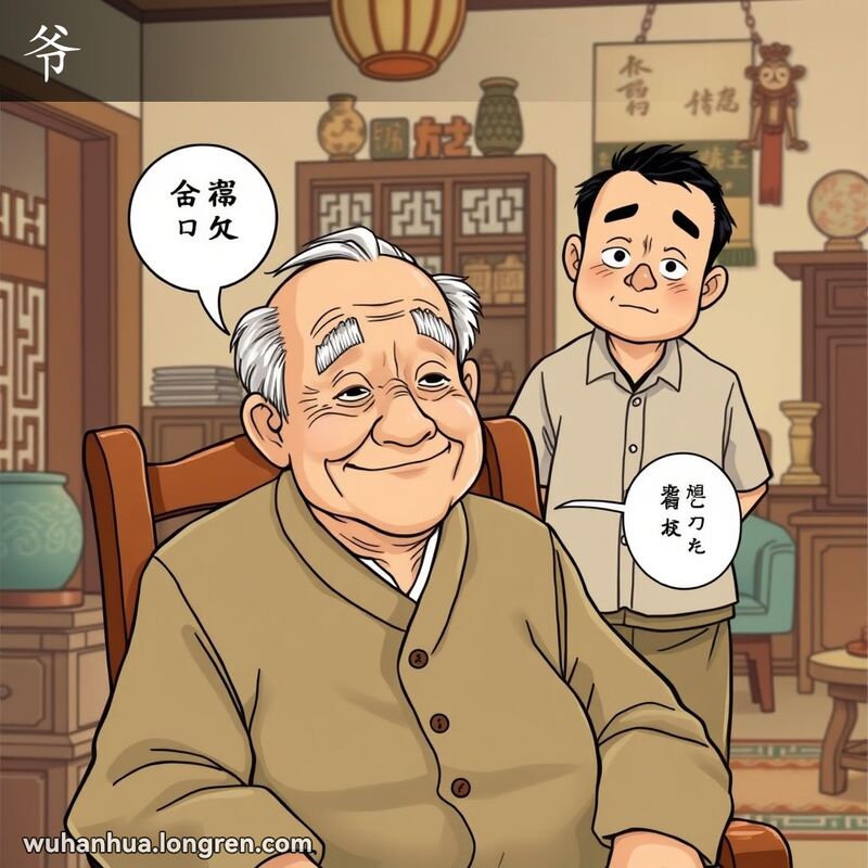 一位老人坐在木椅上，背后站着一位年轻人，表情略显沮丧，背景是老式家具和装饰，象征着‘儿大爷难做’的情景。