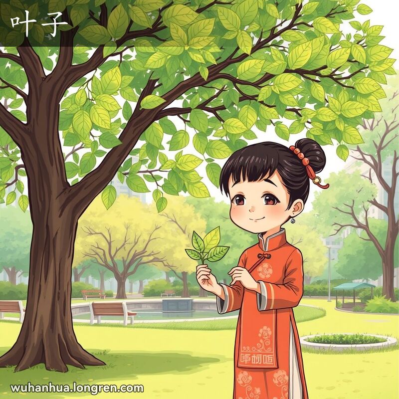一位穿着传统服饰的武汉女孩在公园里，手捧一片树叶，好奇地观察着它，背景是武汉的公园景色