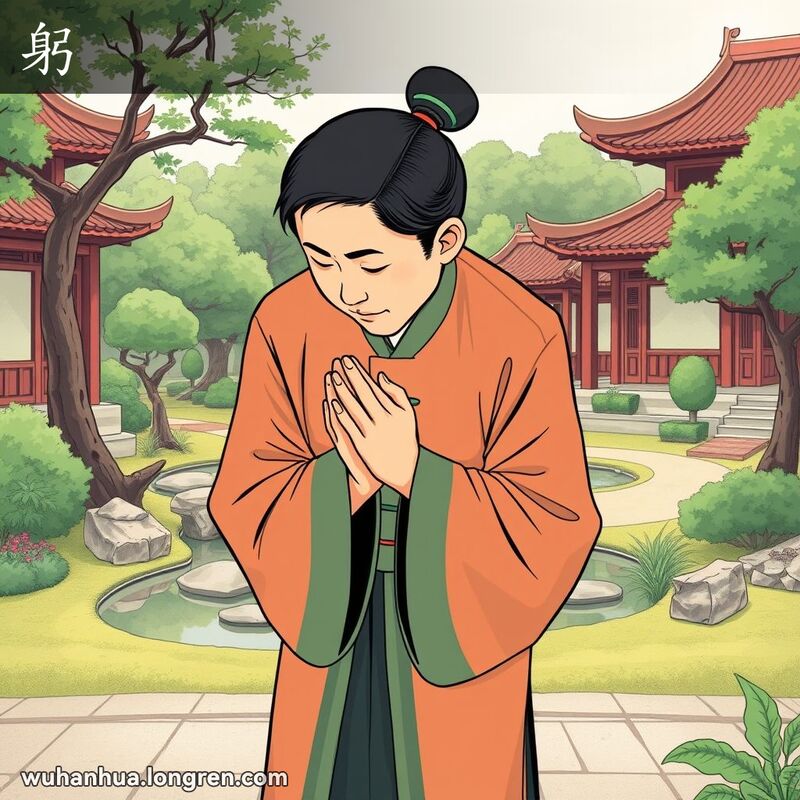 一位身穿传统中国服饰的男子在中国园林背景下弯腰鞠躬，展示谦恭和尊重