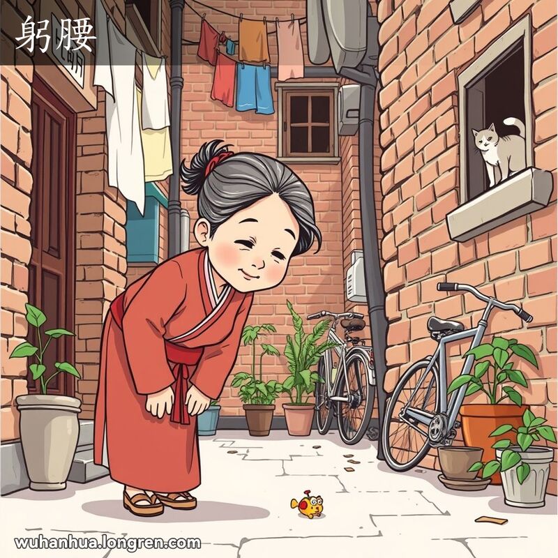 一位中年武汉妇女在老巷子里弯腰捡起地上的小玩具，背景有老砖墙和晾晒的衣物。
