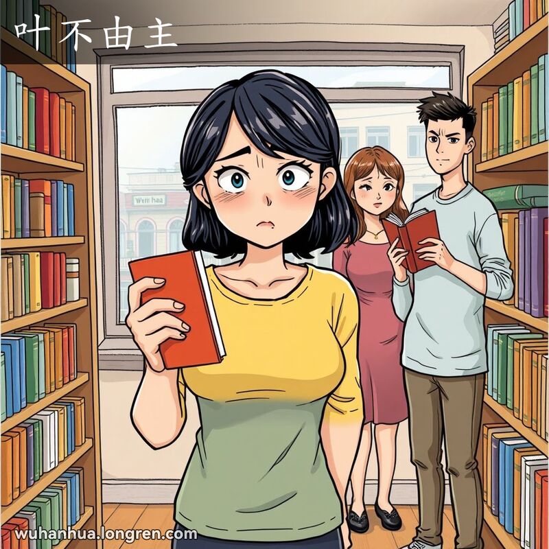 一位年轻女子在书房中指着书架上的空缺位置，脸上露出无奈和恼怒的表情，背后是朋友拿着借走的书，背景是武汉街景