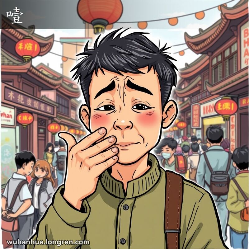 一位武汉市民手捂喉咙，表情不适，试图说话但声音不清，背景是热闹的武汉街景