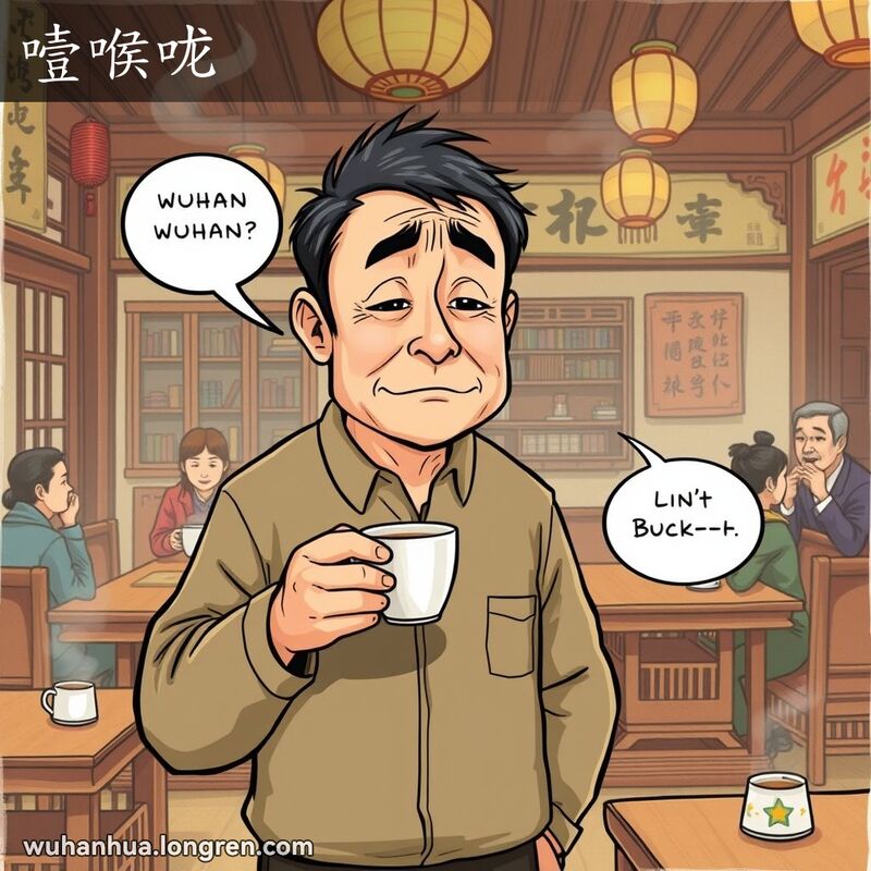 一位中年武汉男子在茶馆里，声音嘶哑，像公鸭叫一样，脸上露出不适和挫败的表情，背景是老式木质家具和传统中国装饰