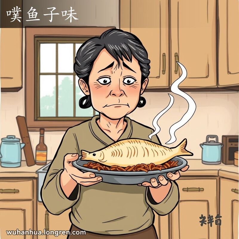 一位中年妇女在厨房里手持一盘散发难闻气味的鱼，脸上露出厌恶的表情