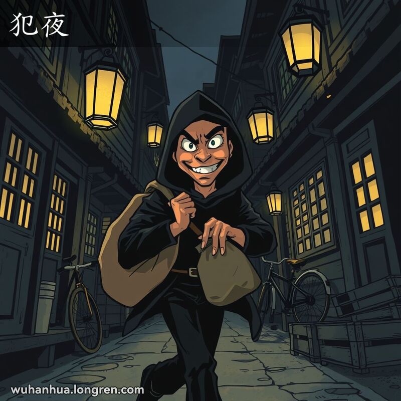 一个黑衣盗贼在武汉老巷子里夜间行窃，背景有传统木房和昏暗灯笼
