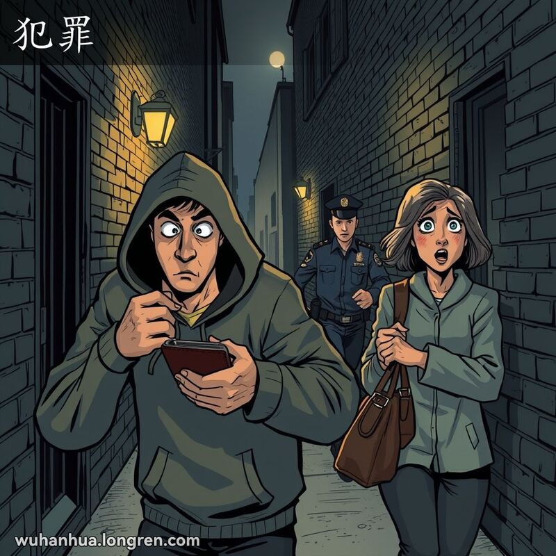一个戴帽衫的男子在武汉小巷偷窃钱包被抓住，路人惊讶，警察赶来。