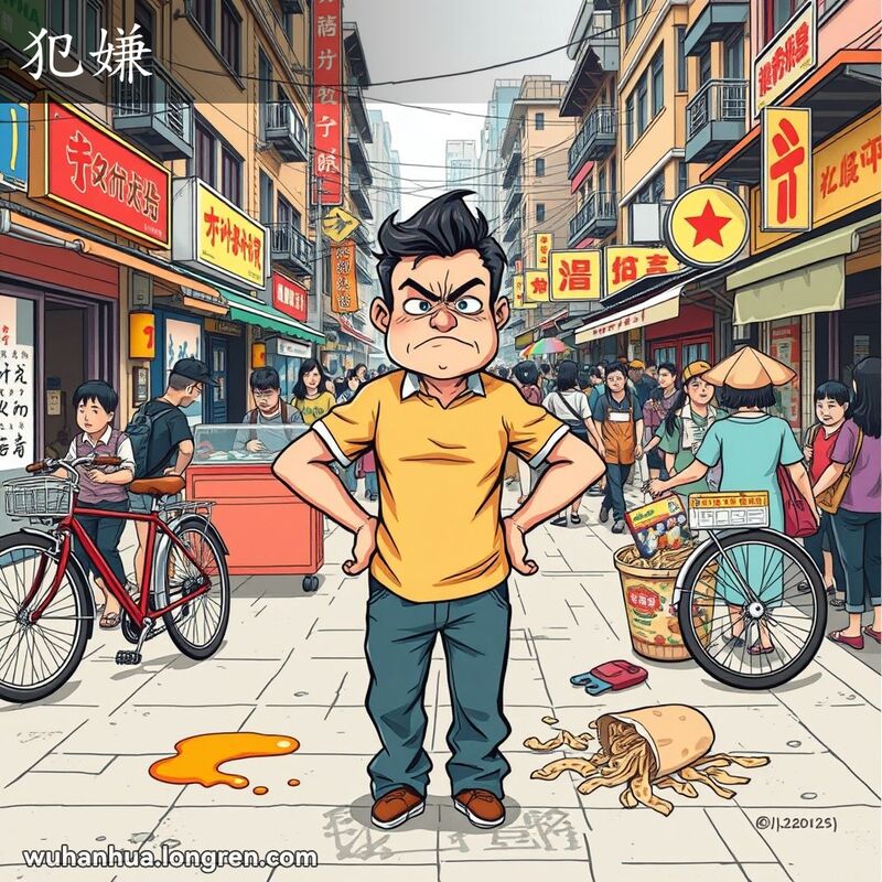 一位武汉男子站在繁忙的街道上，周围环绕着坏掉的自行车和打翻的面碗，表情恼怒，背景是武汉街景