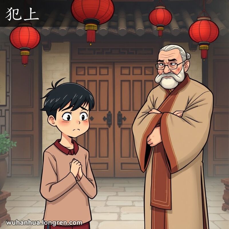 一位年轻人在武汉老院子中面对严肃的长辈，表情紧张且内疚，体现“犯上”的情景